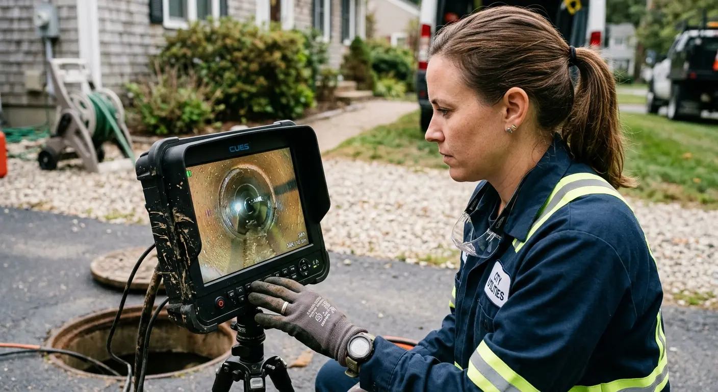 Technician reviewing sewer camera inspection footage in Denton