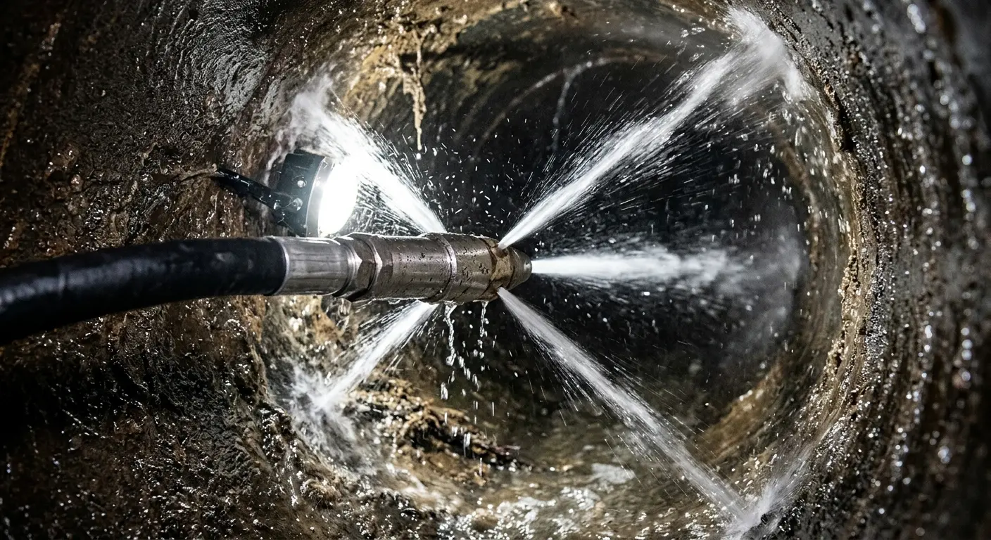 High-pressure hydro jetting nozzle cleaning sewer pipe for Sewer Cleanout in Denton