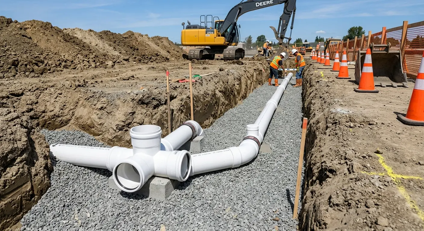 New PVC sewer pipe installation in open trench for Sewer Backup in Denton