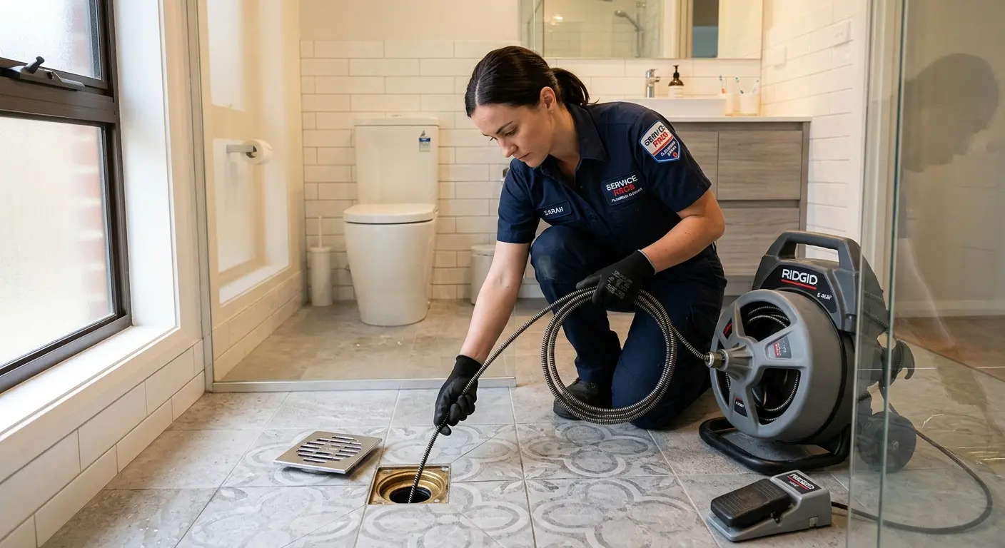 Technician clearing a bathroom floor drain for Hydro Jetting in Denton